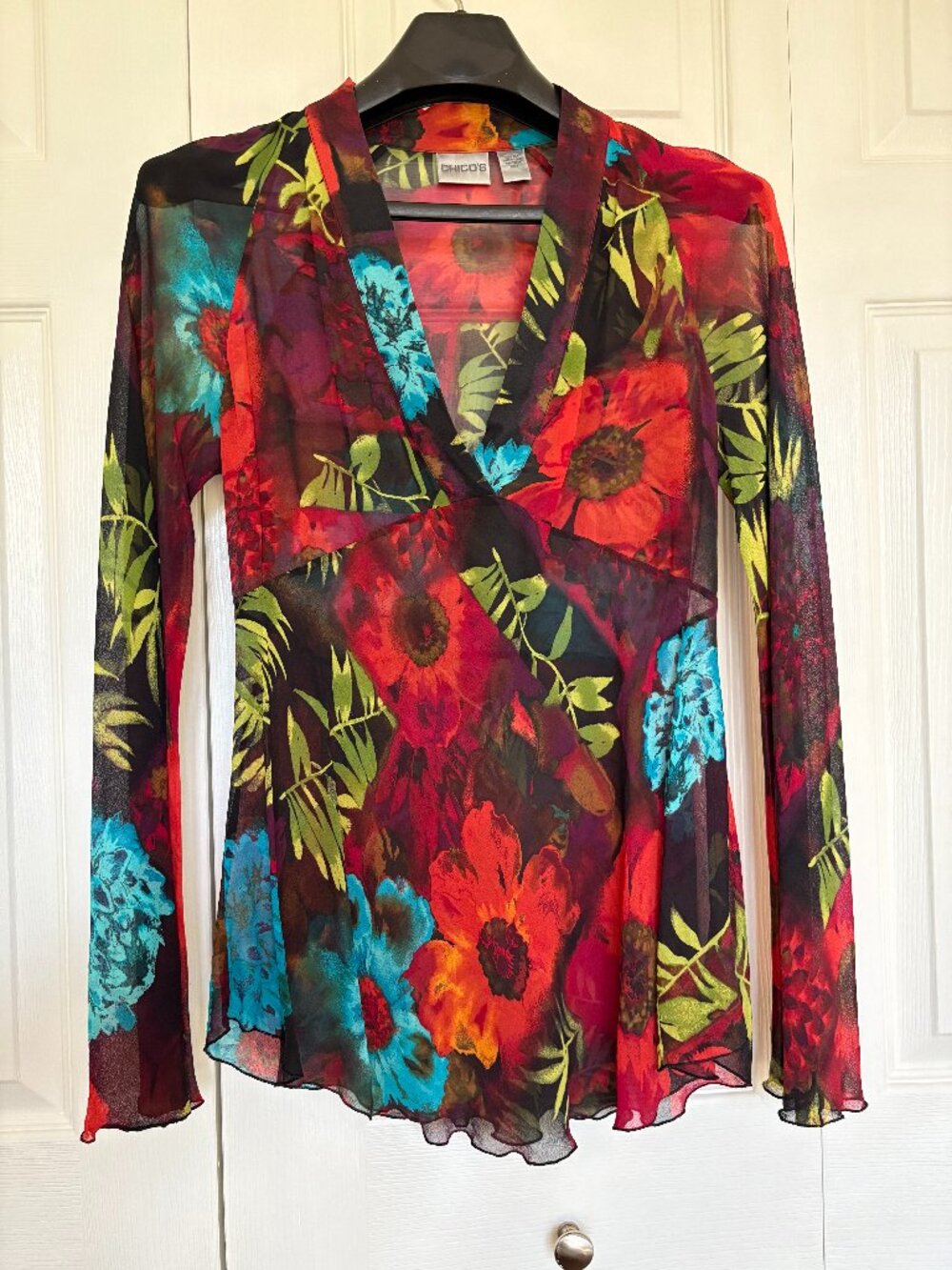 Chico's Sheer 100% Silk Vibrant Floral Faux Wrap Top - Size 1 (M)